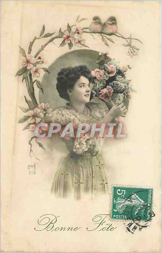 Jeune femme avec bouquet — décor floral et oiseaux — éditeur Réfrénoût, n° 258