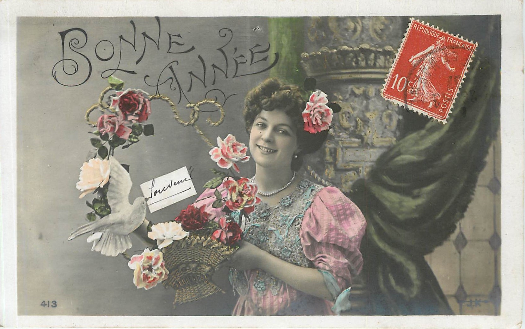 Femme avec couronne de roses — Bonne Année — J.K. n°413