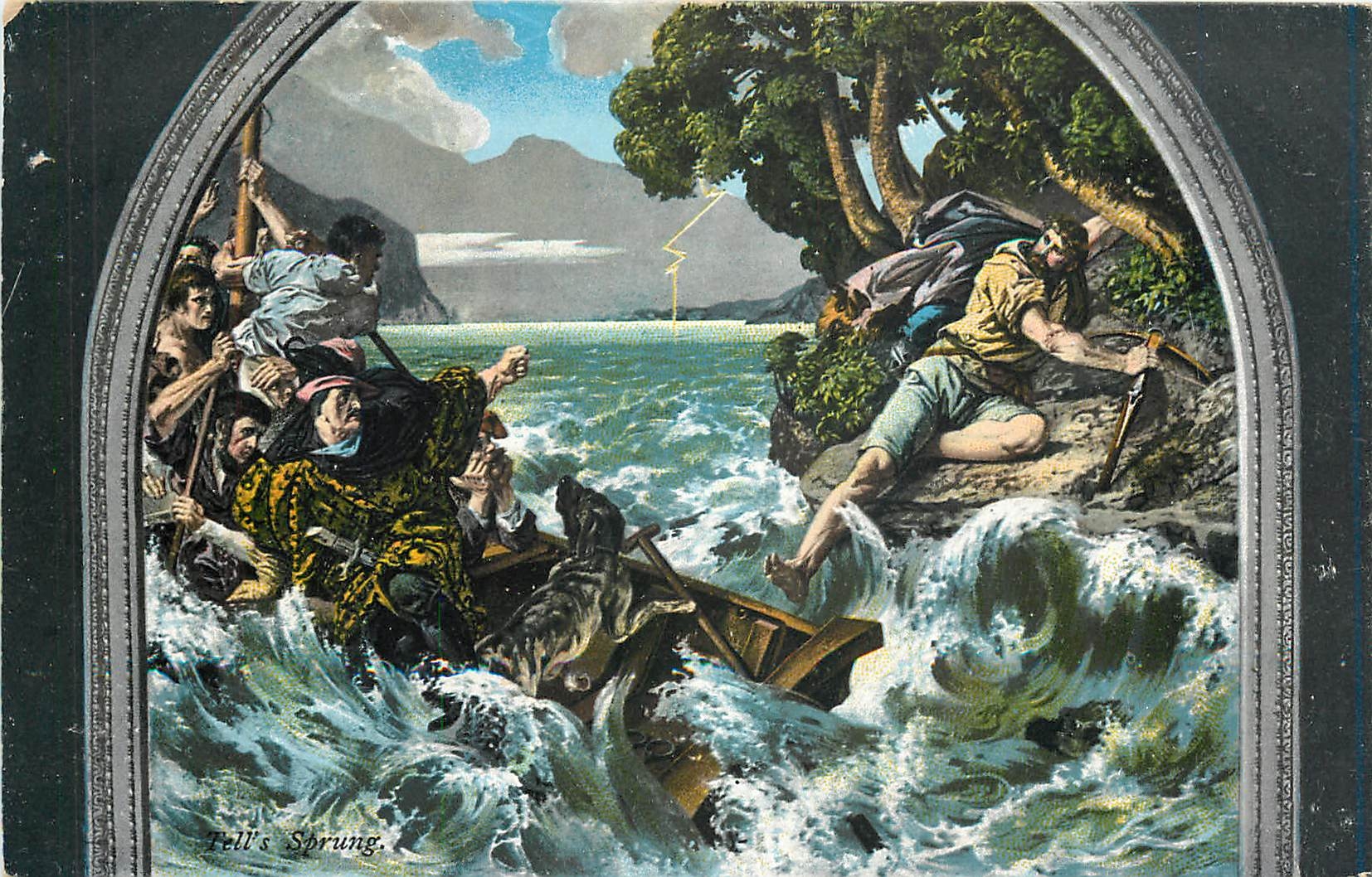 CPA Tell's Sprung nach dem Wandgemalde von Dr Stuckelberg in der tellskapelle am vierwaldstattersee 