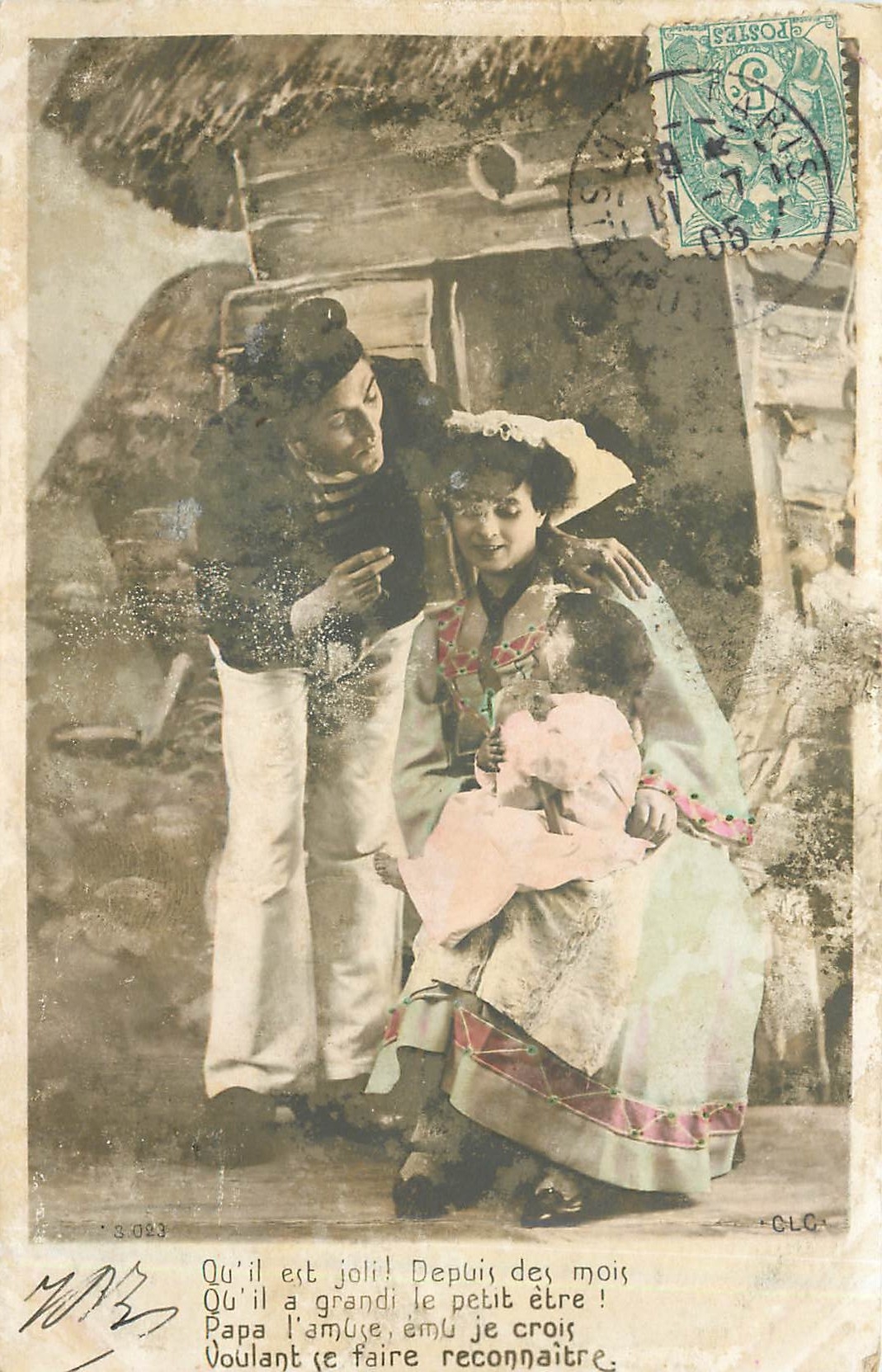 Famille au bord de la mer — scène émouvante — éditeur G.L.C. n°3.023