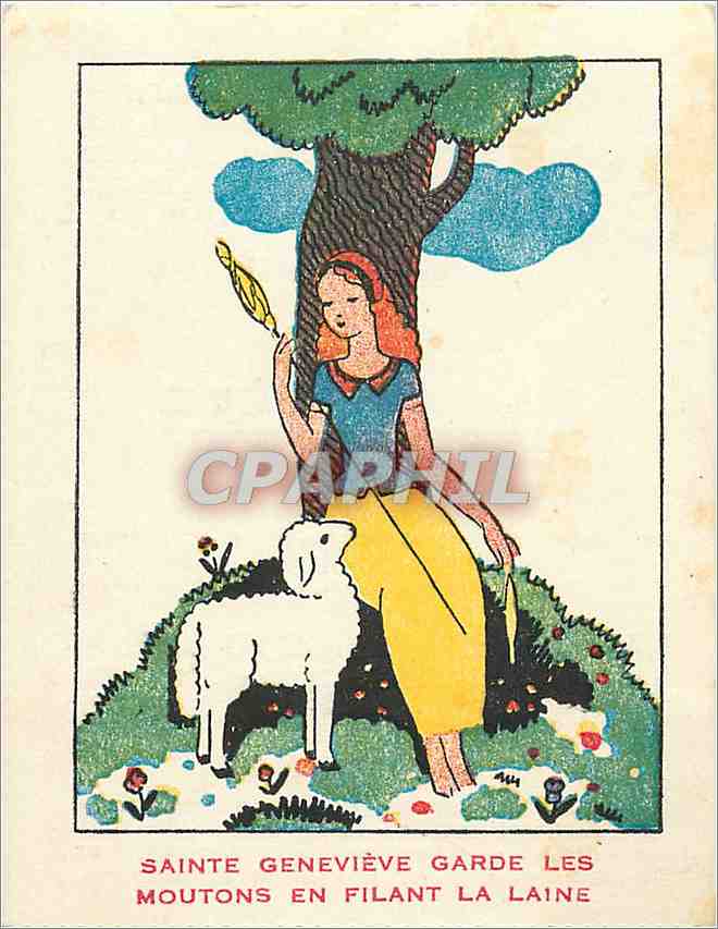 Image Sainte Genevieve garde les moutons en filant la Laine 