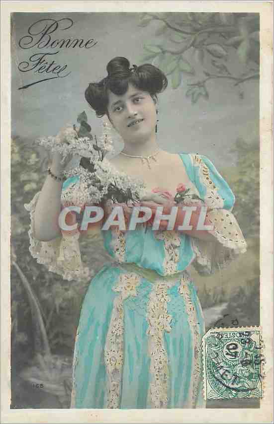 Femme en robe bleue à motifs — Bonne Fête — éditeur anonyme, n° 165