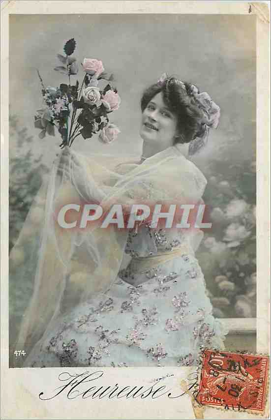 Jeune femme en robe fleurie tenant un bouquet — éditeur Haureuse, n° 474 - Recto