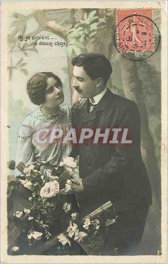 Jeunes amoureux — texte imprimé et bouquet de roses — éditeur M.F. (série non visible)