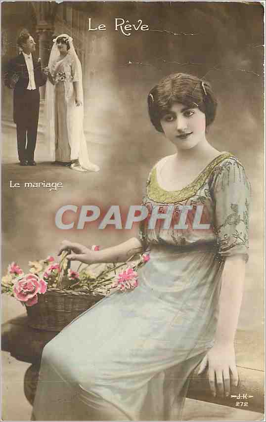 Jeune femme avec panier de fleurs — scène de mariage en arrière-plan — J.K. n° 272