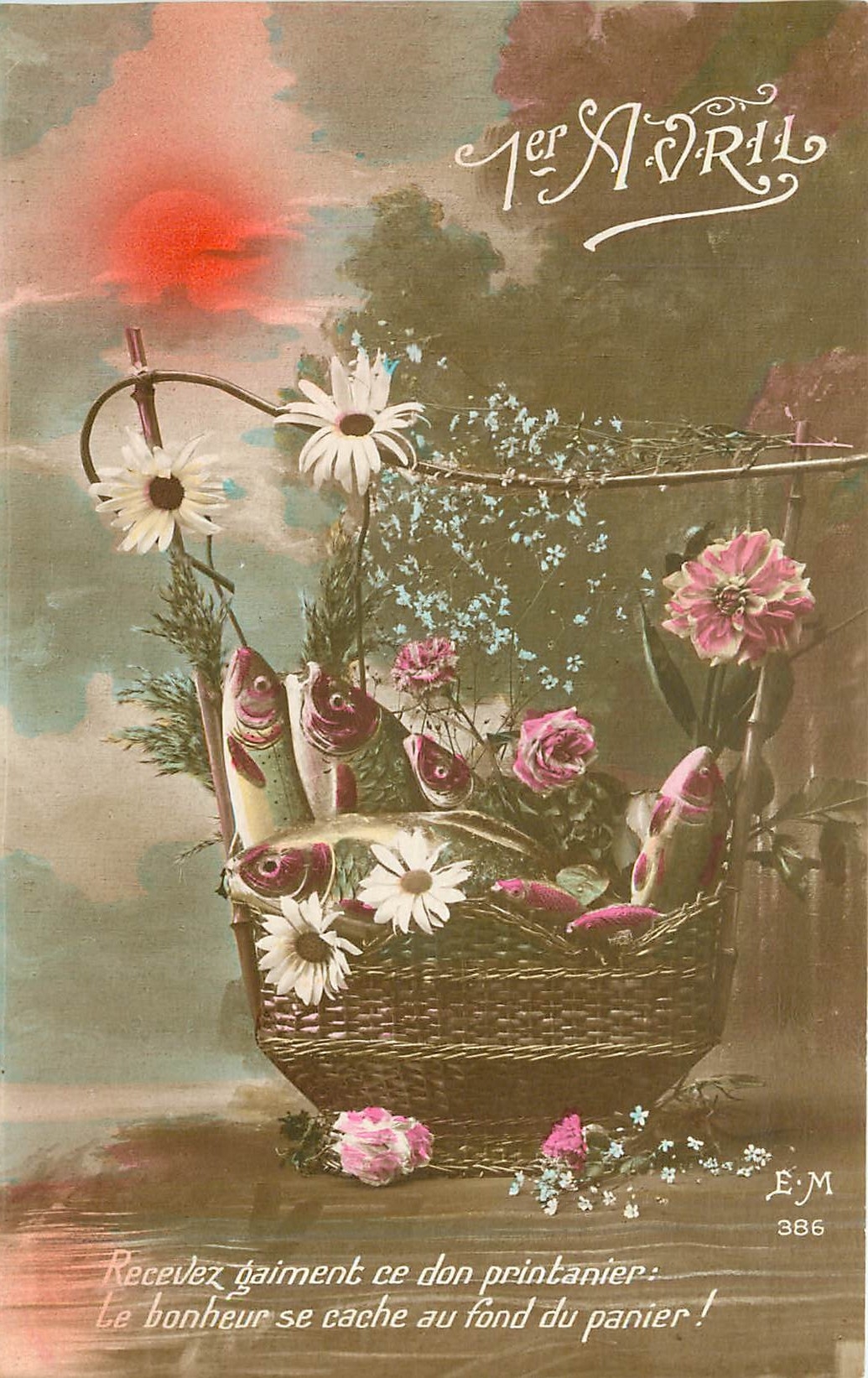 CPA 1er Avril recevez daiment ce don printanier le bonheur se cache au fond du panier 
