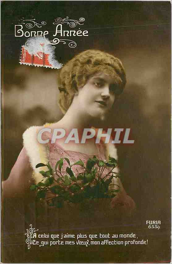 Femme tenant un bouquet de gui — Bonne Année — Furia 655