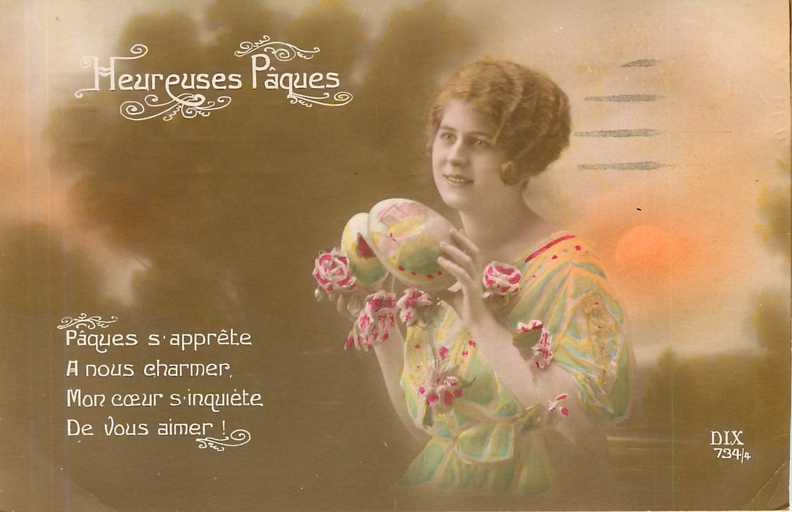 CPA Heureuses Paques paques s'apprete a nous charmer mon coeur s'inquete de vous aimer 