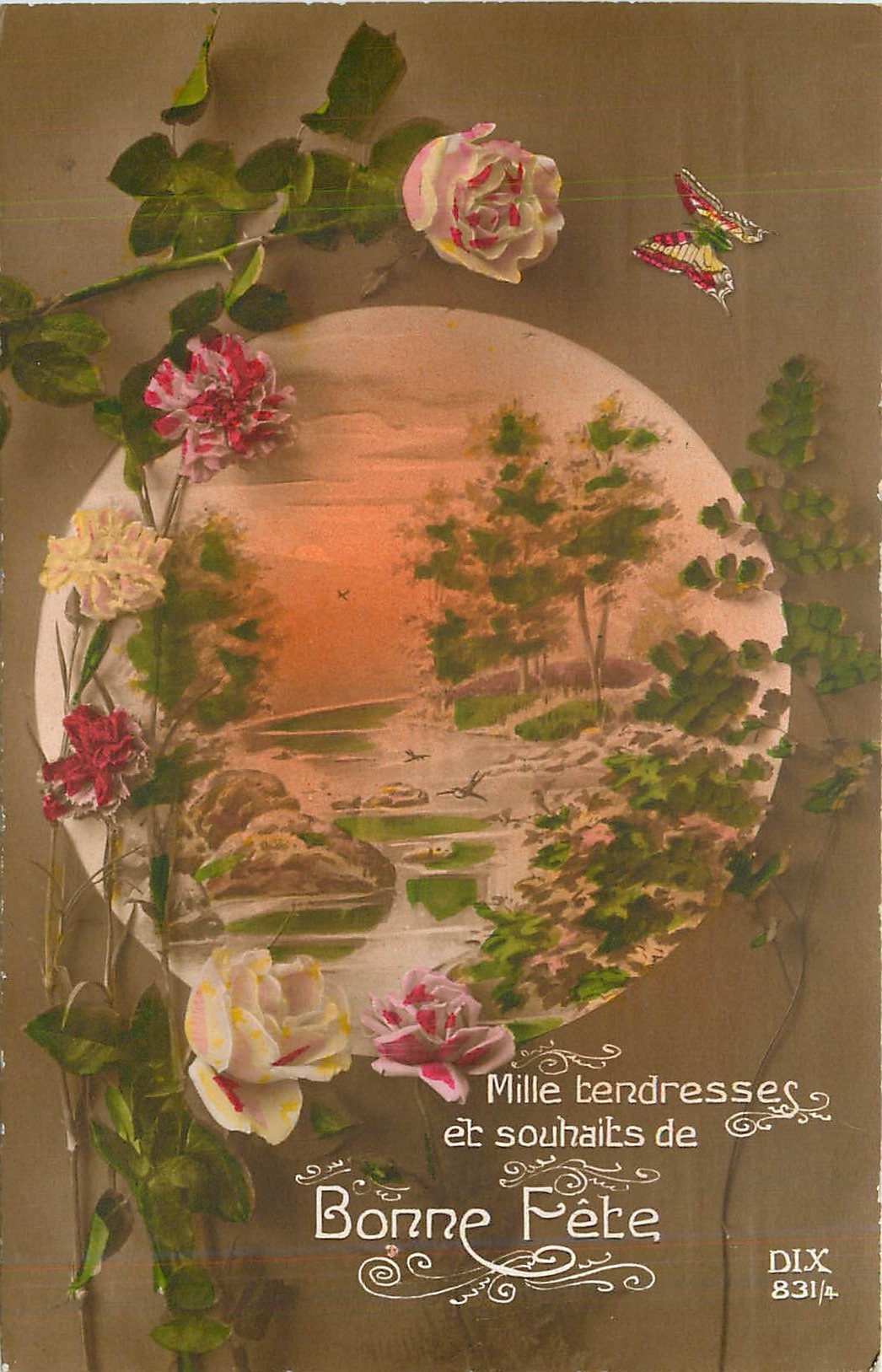 CPA Mille bendresses et souhaits de Bonne fete Papillon Fleurs
