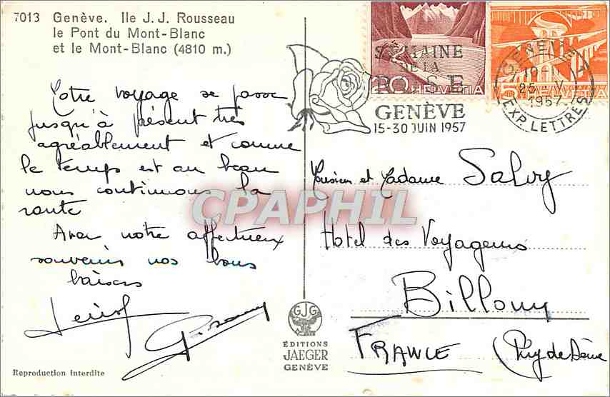 CPA Geneve Ile J J Rousseau le pont du mont blanc et le mont blanc  — Verso