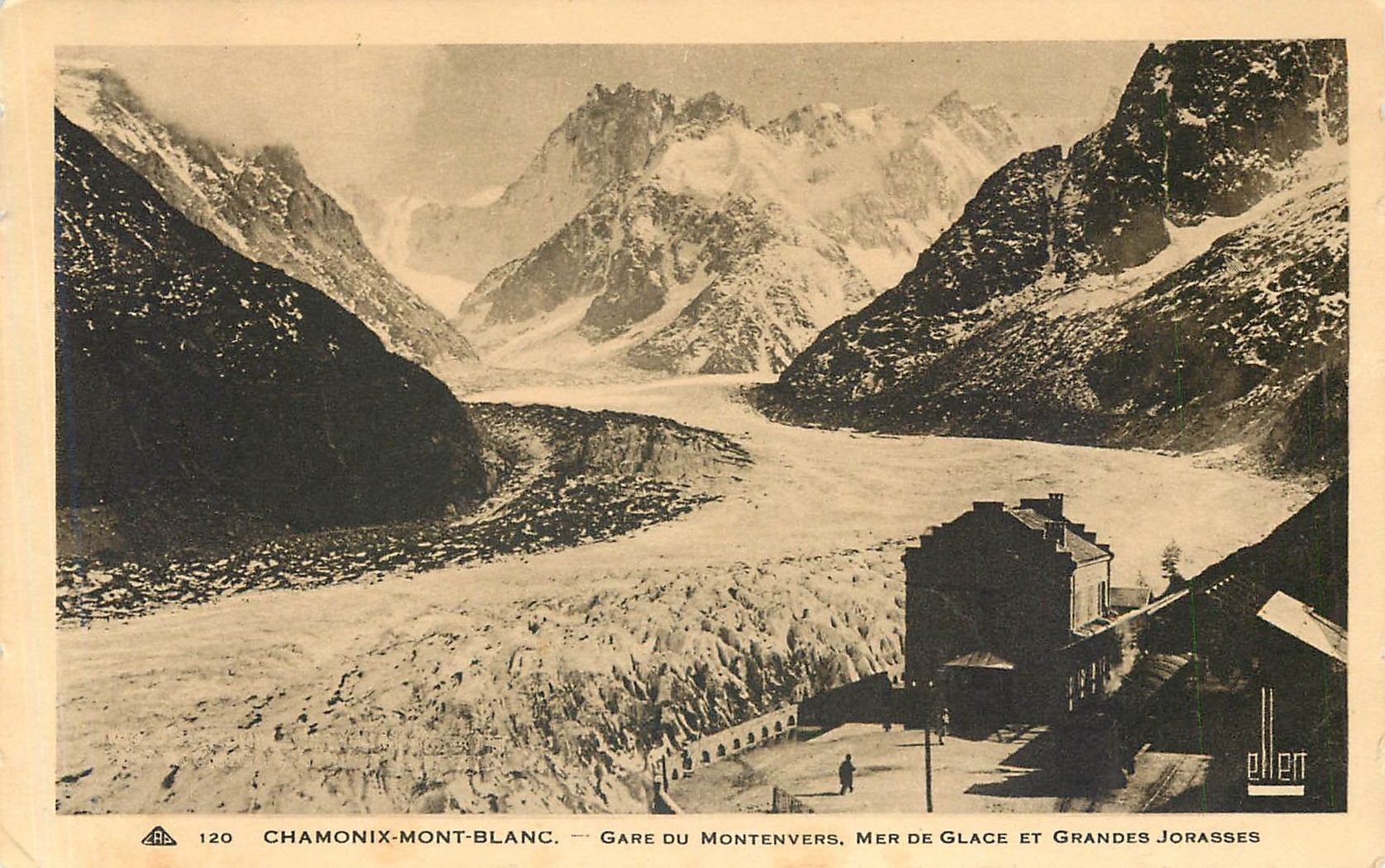 CPA Chamonix Mont Blanc Gare du Montenvers mer de glace et grandes Jorasses 