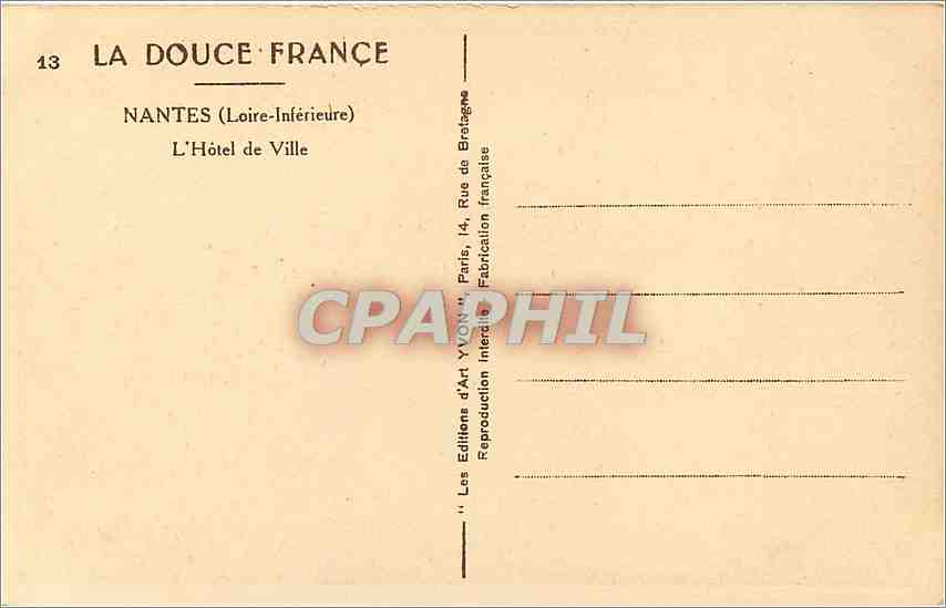 CPA La Douce France Nantes Loire Inferieure l'Hotel de Ville  — Verso