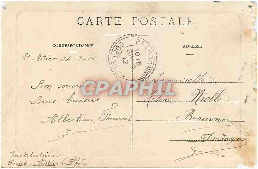 CPA St Astier Dordogne le Clocher  — Verso