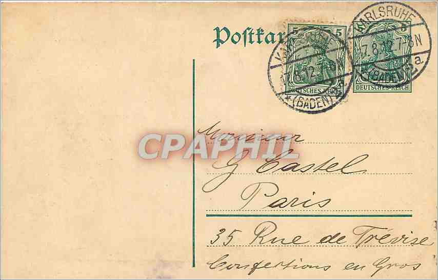 Carte Karlsruhe Germania 1912 pour Paris — Rückseite