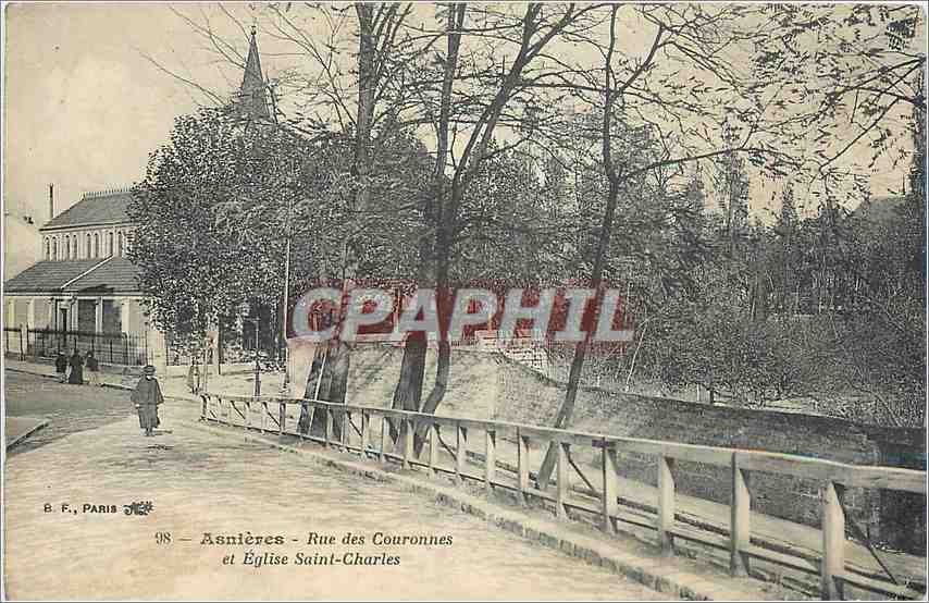 CPA Asnieres rue des Couronnes et eglise Saint Charles 