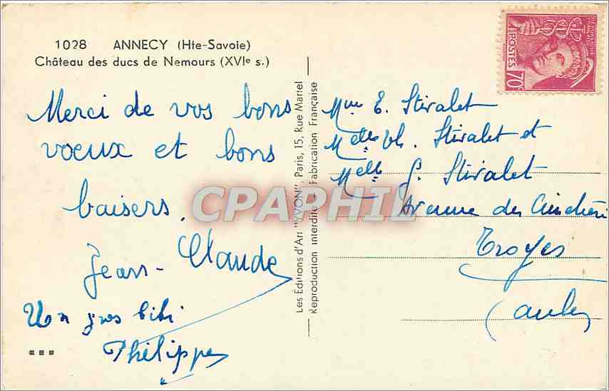 Annecey — Château des ducs de Nemours (XVe s.) — Les Éditions d'Art 'Vvon', n°1028 — Rückseite