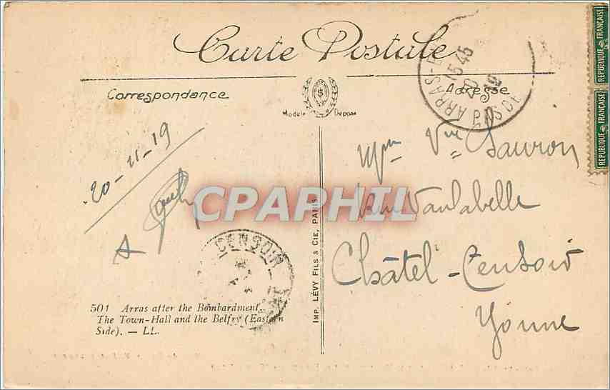 Arras après le bombardement — L'Hôtel de Ville et le Beffroi (côté est) — Édition Au Puchs, 8 Rue Ernestolo — Rückseite