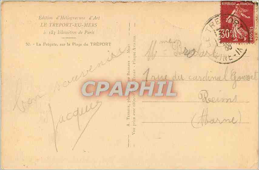 CPA Le Treport en mers a 183 kilometres de Paris la fregate sur la plage du Treport  — Rückseite