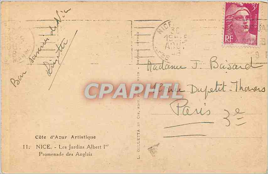 CPA Cote d'Azur artistique Nice Les jardins Albert Ier promenade des anglais  — Rückseite