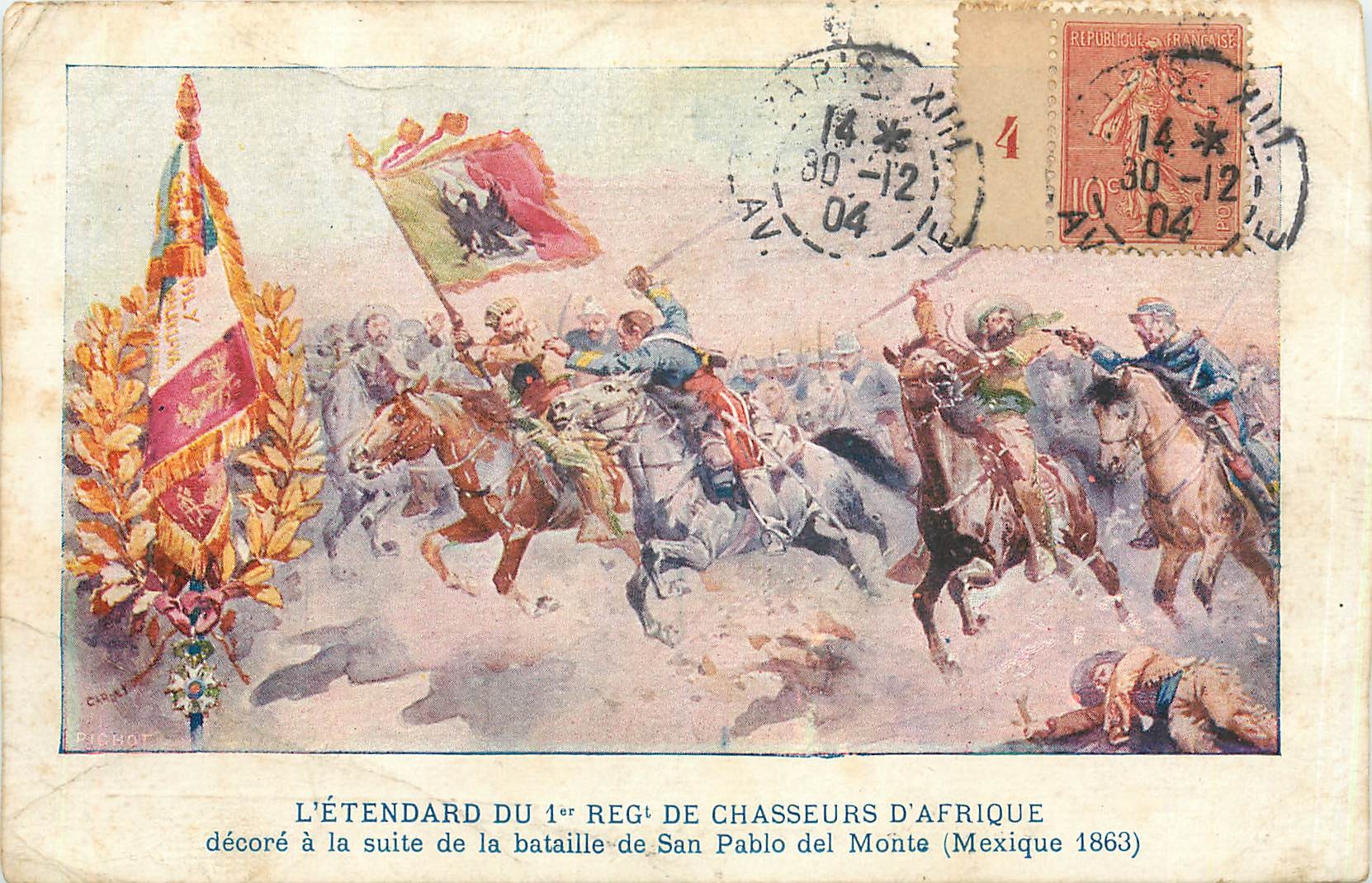 CPA L'Etendard du 1er reg de chasseurs d'Afrique decore a la suite de la bataille de San Pablo des M