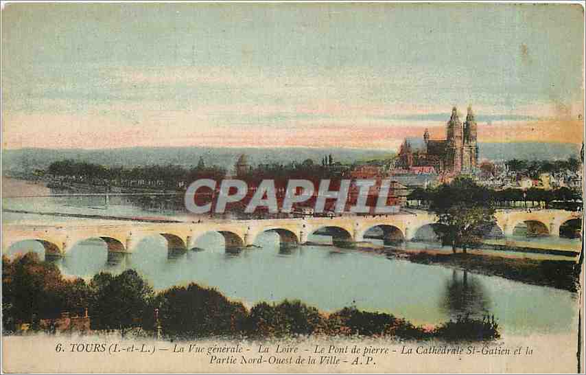CPA Tours I et L la vue generale la Loire le pont de pierre la cathedrale St Gatien et la Partie Nor