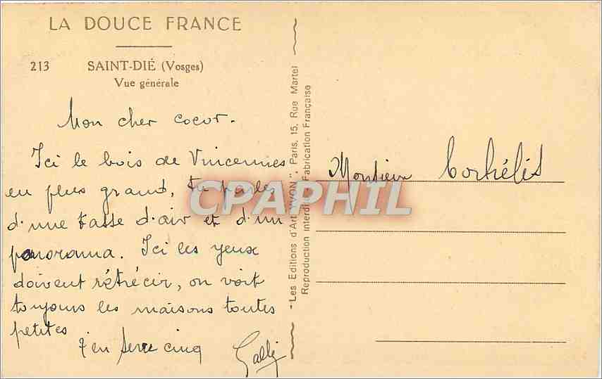 CPA La Douce France Saint Die Vosges vue generale  — Rückseite