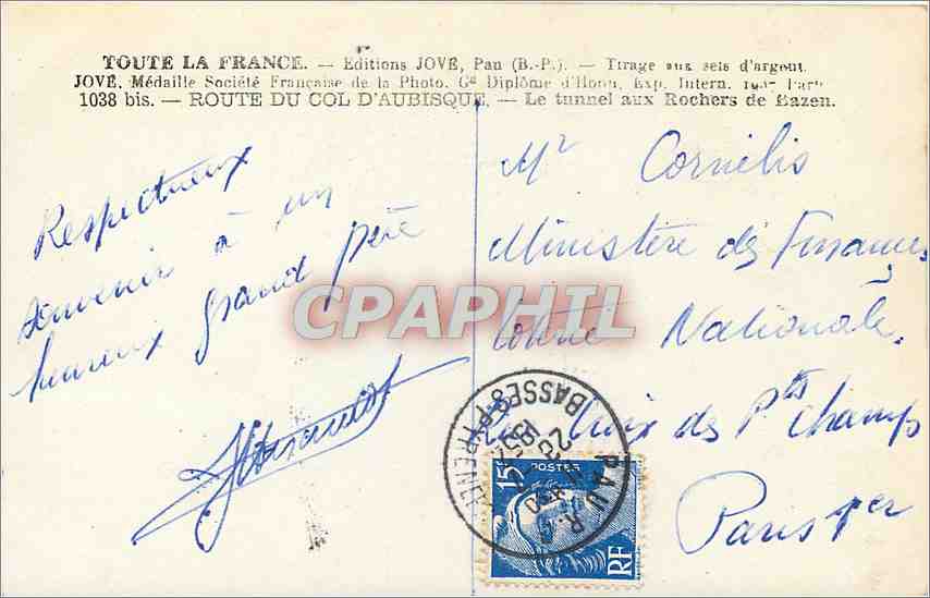 Route of Col d'Aubisque — Tunnel of Rochers d'Azén — Editions JOVE, print number 1038 bis — Back