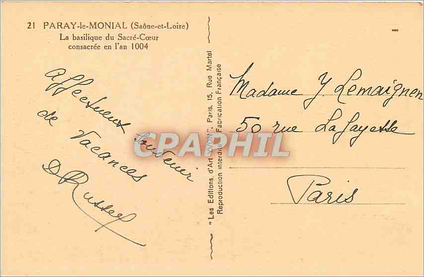 CPA Paray le Monial Saone et Loire la basilique du Sacre coeur consacree en l'an 1004  — Rückseite