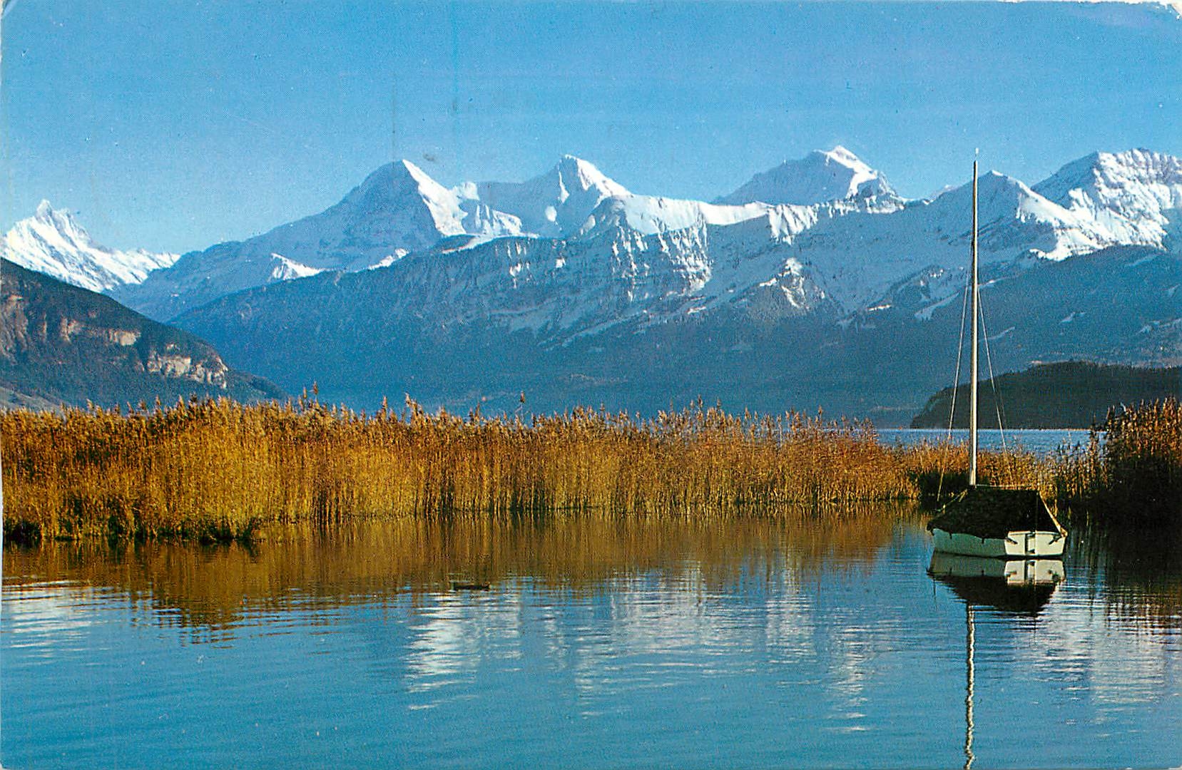 CPM Thunersee mit Schreckhorn Eiger Monch und Jungfrau Bateau