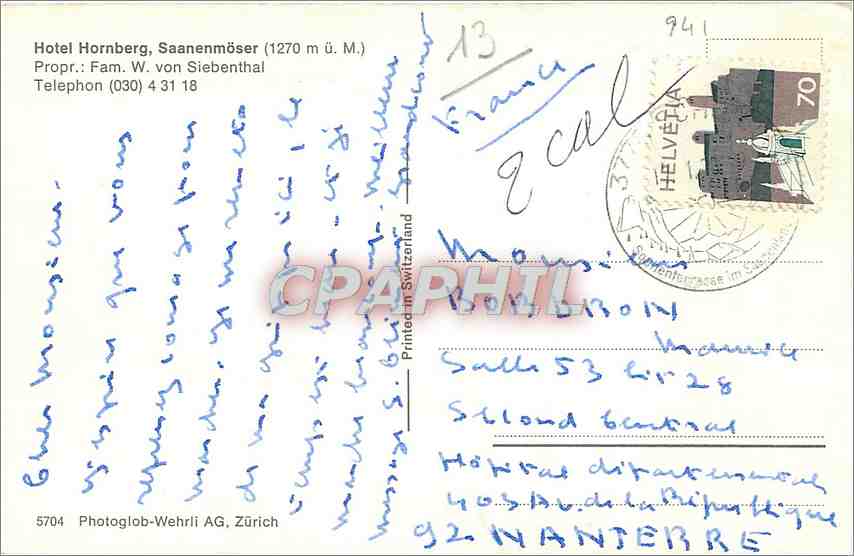 CPM Hotel Hornberg Saanenmoser  — Verso