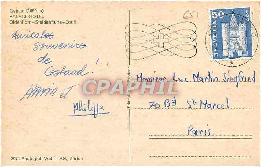CPM Gstaad Palace Hotel Oldenhorn Staldenfluhe Eggli  — Rückseite