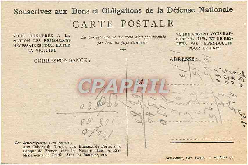 CPA Miliaria On les aura Defense nationale — Verso