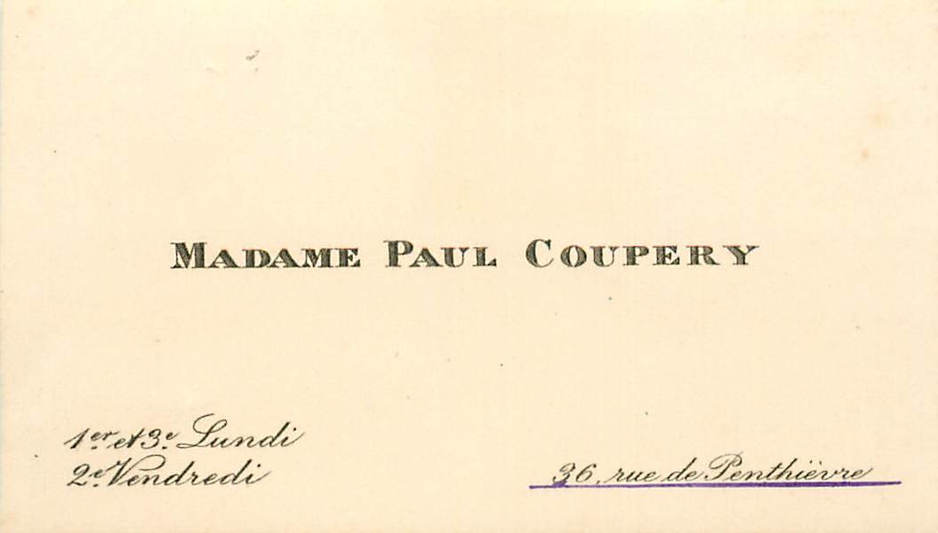 Carte de Visite Madame Paul Coupery Rue de Penthievre