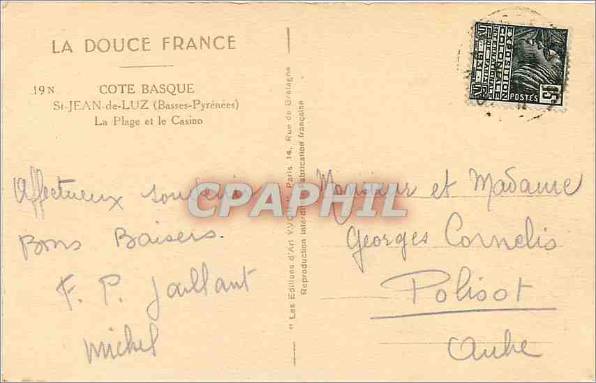 CPA La Douce France Cote Basque St Jean de Luz Basses Pyrenees la plage et le casino  — Verso