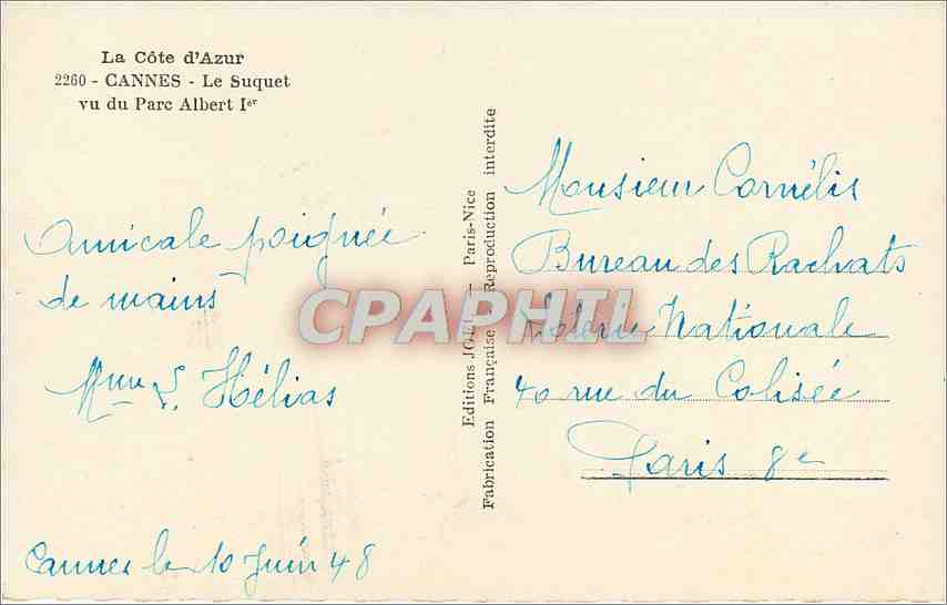 CPM La Cote d'Azur Cannes le Suquet vu du parc Albert 1er  — Rückseite