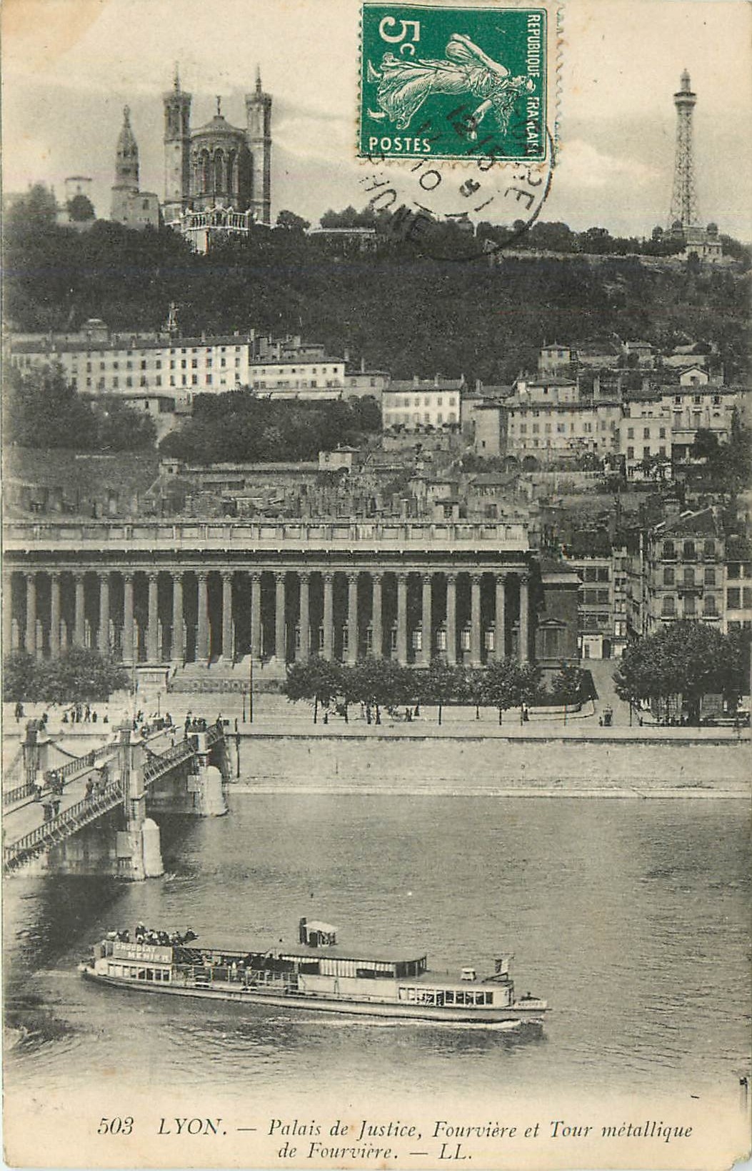 CPA Lyon Palais de Justice Fourviere et Tour metalique de Fourviere Bateau