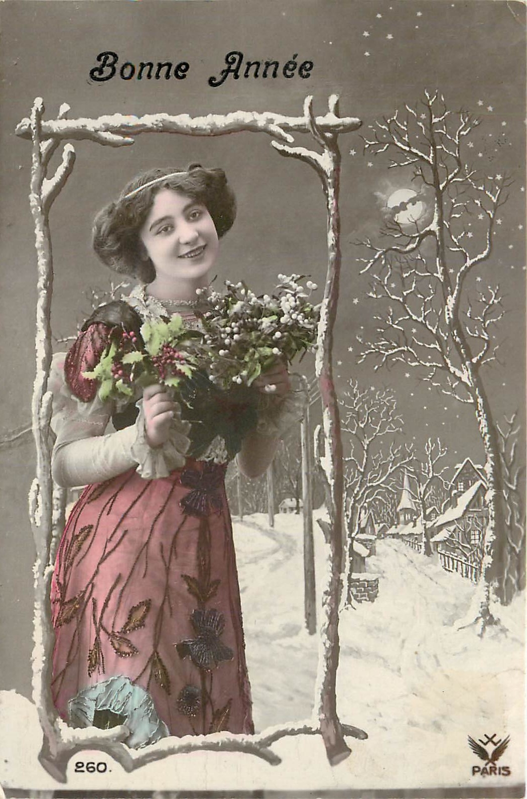 Frau mit Blumenbouquet — Winterlandschaft mit Mond — Paris — n° 260