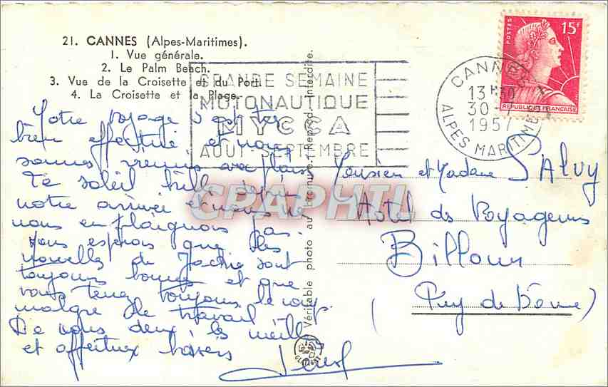 Cannes — Vue générale, Le Palm Beach, La Croisette et la Plage — Éditeur : La Semaine Motonautique — Verso