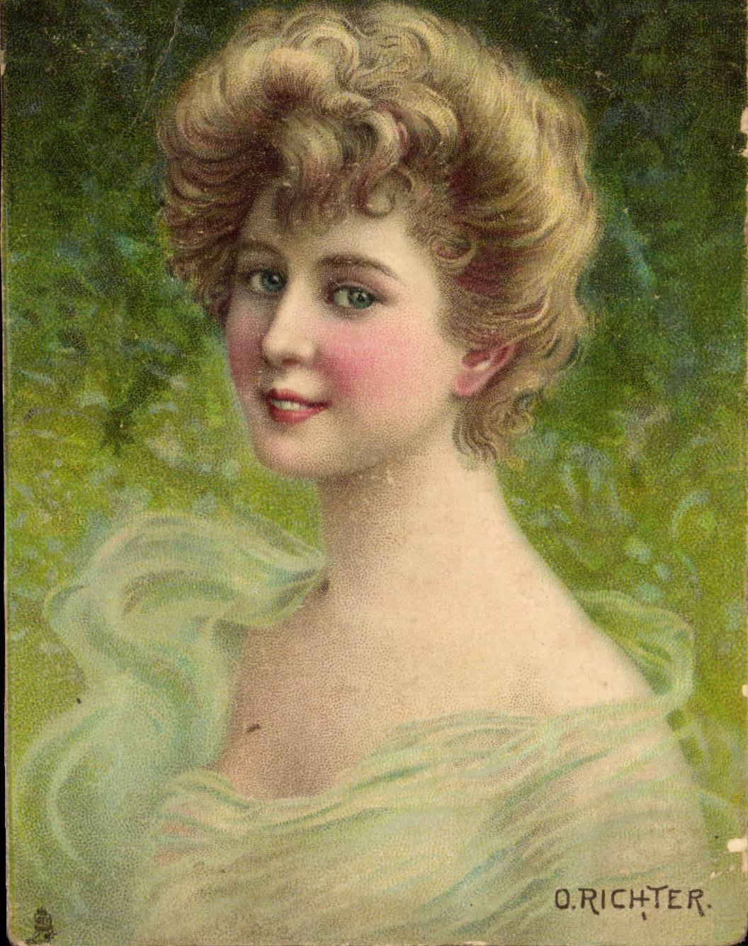 Jeune femme au jardin — O. Richter — édition Tuck