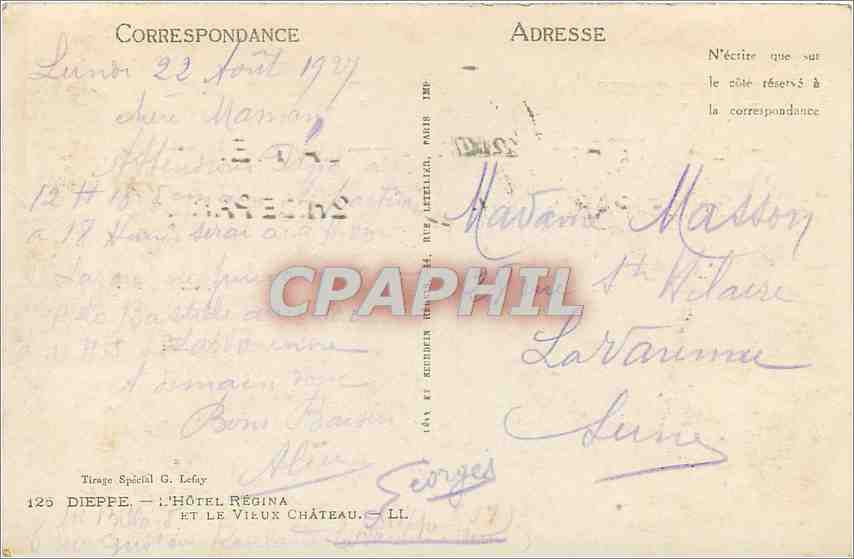 CPA Dieppe L'Hotel Regina et le Vieux Chateau  — Rückseite