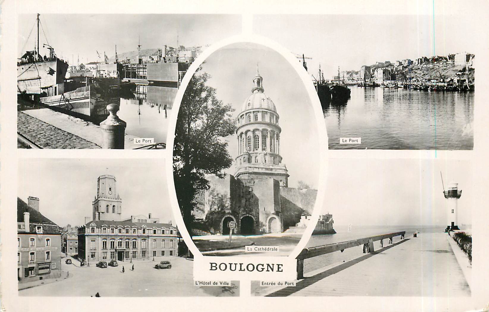 CPM Boulogne Le port L'hotel de ville Entree du port Phare Bateau