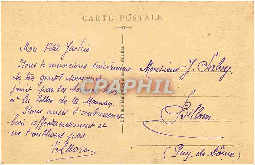 CPA Le Cantal Pittoresque Une Cascade aux environs de Vic sur Cere  — Rückseite