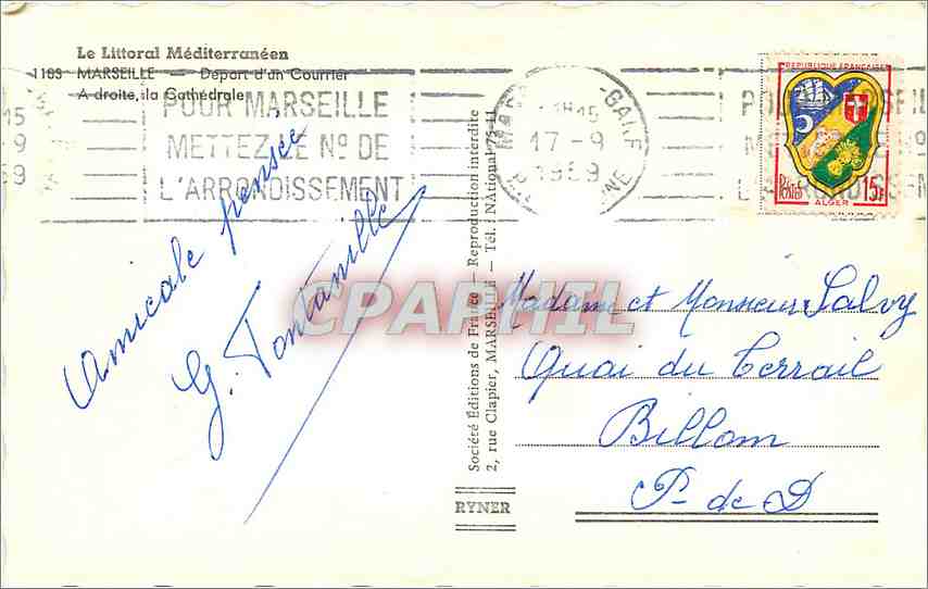 CPM Marseille Deport d'un Courrier A droite la Cathedrale Bateau — Rückseite