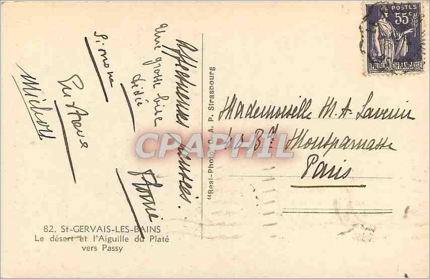 Le désert et l'Aiguille du Platé vers Passy — St-Gervais-les-Bains — éditeur Real-Photo A.P. Strasbourg — Verso