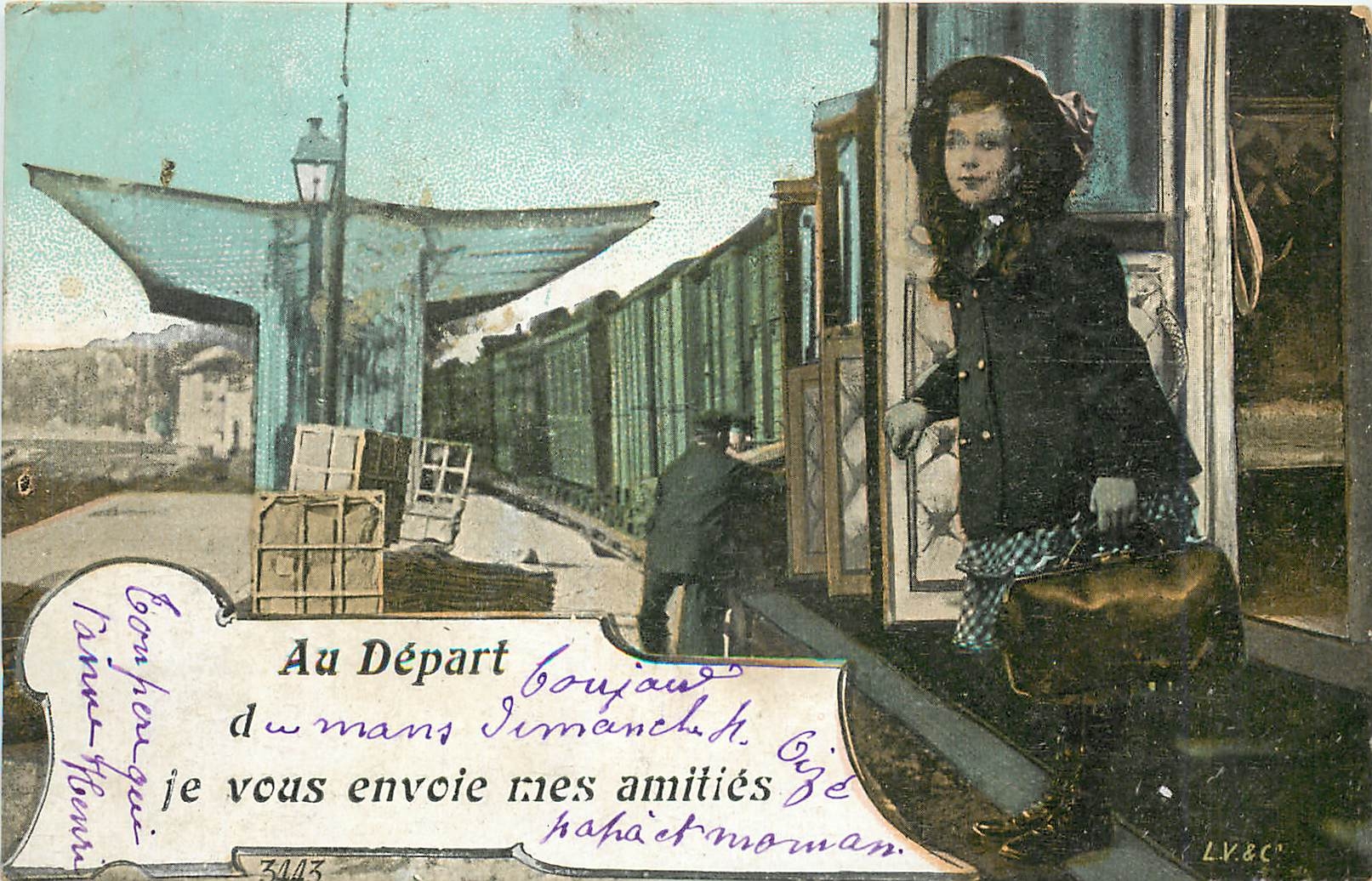 CPA Au depard d je vous envoir mes amities Enfant Train