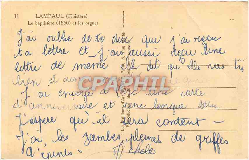 CPA Lampaul Finistere Le baptistere et les orgues  — Rückseite