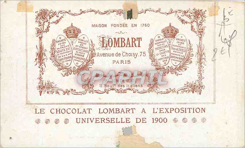 CPA Porte Monumentale Cours La Reine Paris Chocolat Lombart — Rückseite
