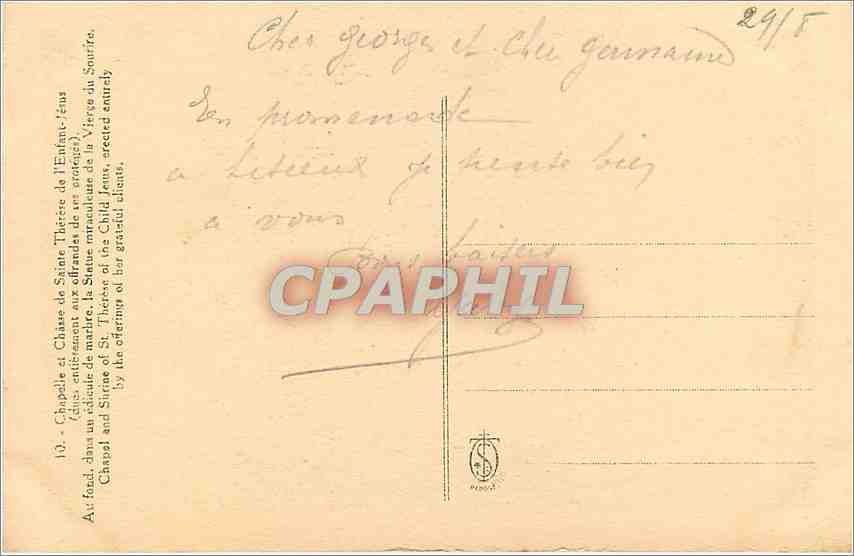 Chapelle de Sainte Thérèse de l'Enfant-Jésus — offrandes aux grâces — éditeur anonyme, n° 10 — Verso