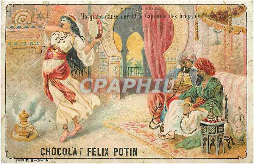 Morgiane tanzt vor dem Kapitän der Banditen — Erzählung von Ali Baba — Chocolat Félix Potin, Serie 5434:6