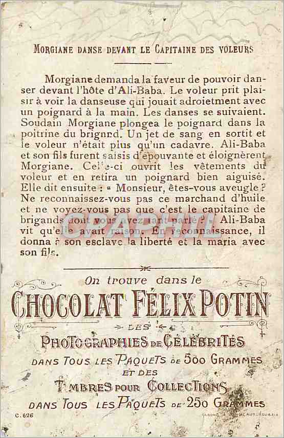 Morgiane tanzt vor dem Kapitän der Banditen — Erzählung von Ali Baba — Chocolat Félix Potin, Serie 5434:6 — Rückseite